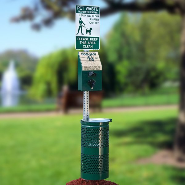 Pet waste station with dog poop bags and trash bin for commercial dog waste removal